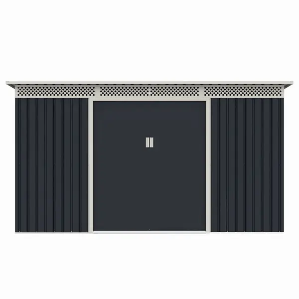 Casuta / magazie de gradina premium metalica, MESTERINO Bella-C, Gri/Bej, dimensiuni 343x142x184 cm, cu usi culisante si baza metalica