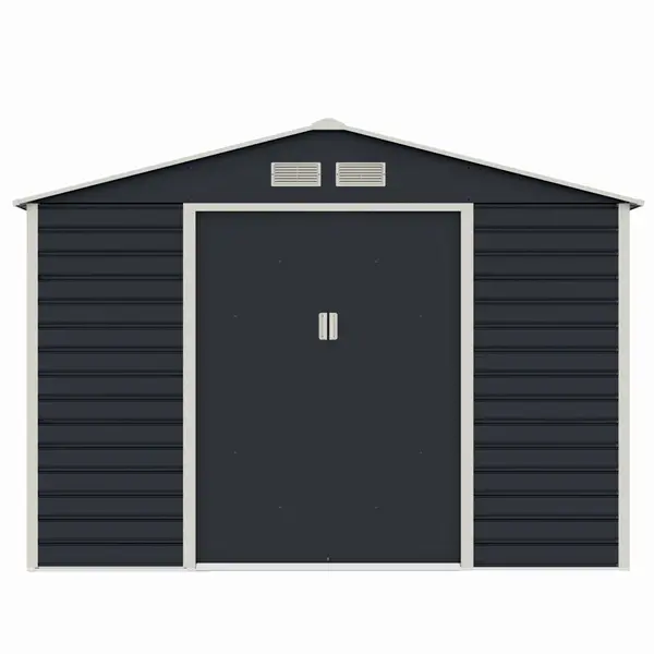 Casuta / magazie de gradina premium metalica, MESTERINO Evan-C, Gri/Bej, dimensiuni 277x195x200 cm, cu usi culisante si baza metalica