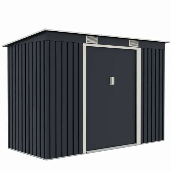 Casuta / magazie de gradina premium metalica, MESTERINO S2001-B, Gri/Bej, dimensiuni 261x121x176 cm, cu usi culisante si baza metalica