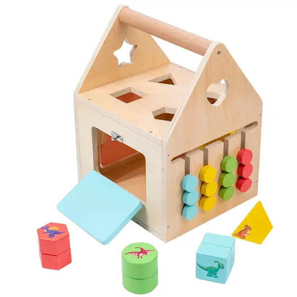 Casuta Montessori din lemn cu incuietori senzoriale si sortator forme 12+