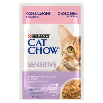 CAT CHOW SENSITIVE, Somon si Dovlecei, hrana umeda pentru pisici 1x85 g