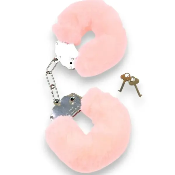 Cătușe pufoase B-SERIES Furry Cuffs, pentru jocuri erotice BDSM, din metal cu blană artificială, culoare roz cu argintiu