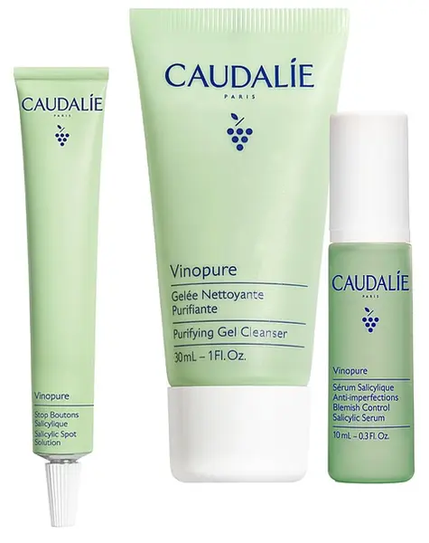 Caudalie Vinopure Set - Gel salicilic, gel de curățare matifiant și ser salicilic, 15 + 30 + 10 ml