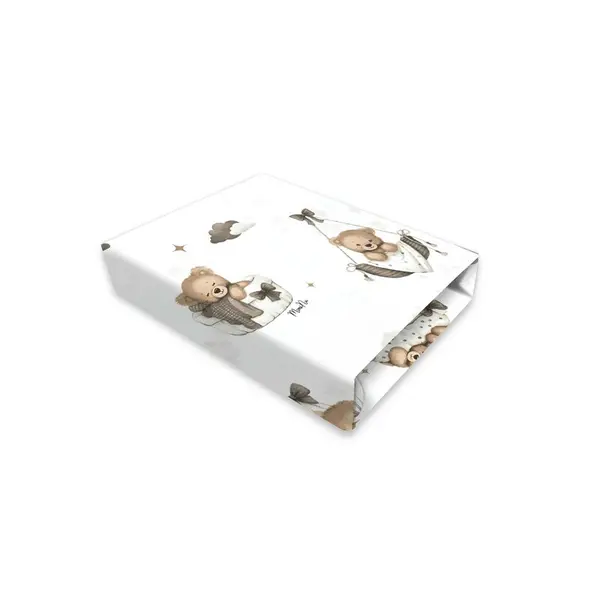 Cearceaf cu elastic, MimiNu, Pentru patut co-sleeper, Luna, Dimensiune 84.5 x 50.5 cm, Din bumbac certificat Oeko Tex Standard 100, Tedy bear dreams beige