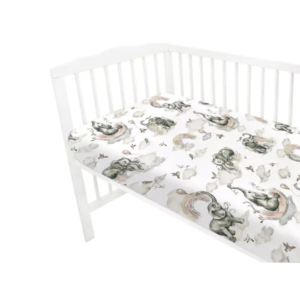 Cearceaf cu elastic Qmini pentru patut 140X70 cm din bumbac Elephants on Rainbow