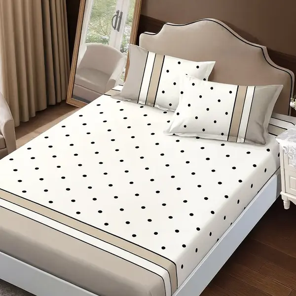 Cearceaf de pat cu elastic Somnart din finet cu imprimeu buline, pentru saltea de 160 x 200 cm cu 2 fete de perna