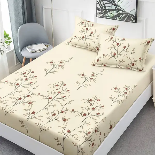 Cearceaf de pat cu elastic Somnart din finet cu imprimeu flori crem, pentru saltea de 160 x 200 cm cu 2 fete de perna