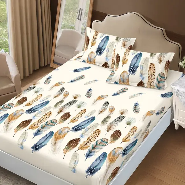 Cearceaf de pat cu elastic Somnart din finet cu imprimeu pene colorate, pentru saltea de 160 x 200 cm cu 2 fete de perna