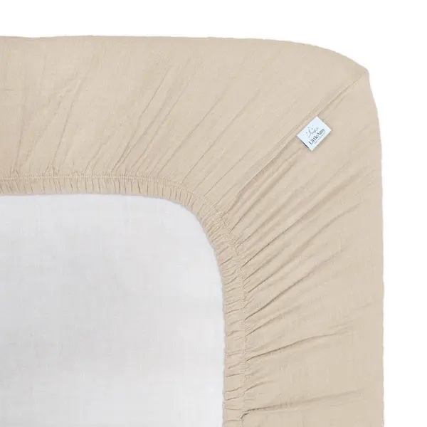 Cearceaf muselina organica, cu elastic, Little Amy, Bej deschis, 90 x 180 cm