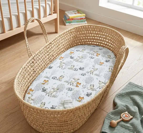 Cearceaf pentru saltea landou copii Kerstin Forest Animals 80 x 38cm, din bumbac 100, cu elastic roata