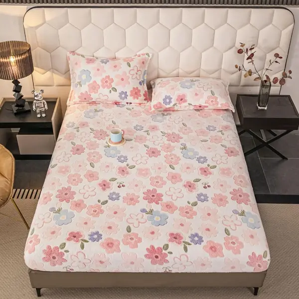 Cearsaf CoCoLiNo, JoJo Home, cu Elastic, 180x200x25cm, 2 fete de perne, 50x70cm, Alb, Roz, Flori