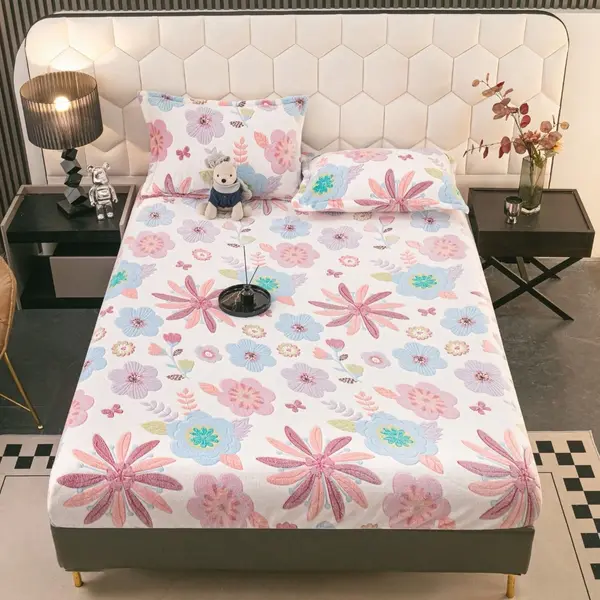 Cearsaf CoCoLiNo, JoJo Home, cu Elastic, 180x200x25cm, 2 fete de perne, 50x70cm, Alb, Roz, Flori Mari