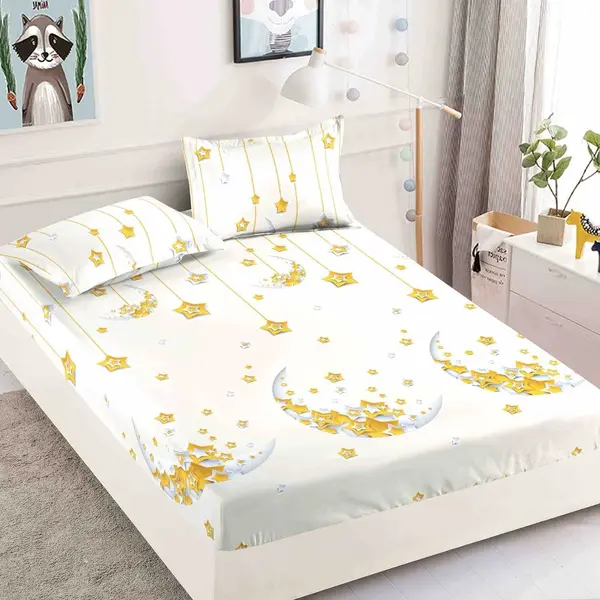 Cearsaf cu elastic, Bumbac FINET, 160/180x200cm, 2 fete de perne 50x70cm, Jojo Home, Galben, stelute
