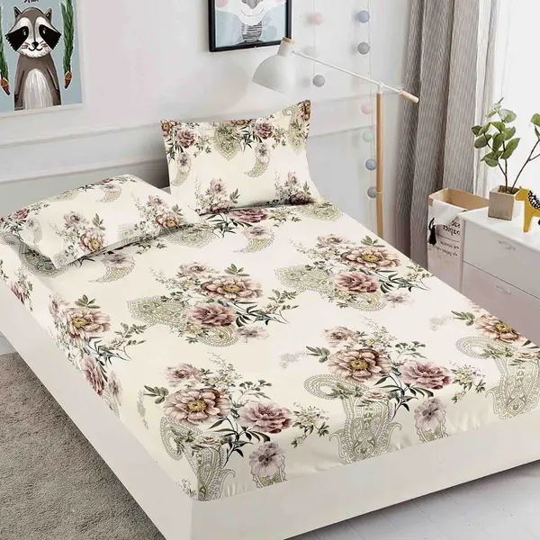 Cearsaf cu elastic, Bumbac FINET, 160/180x200cm, 2 fete de perne 50x70cm, Jojo Home, Bej, flori