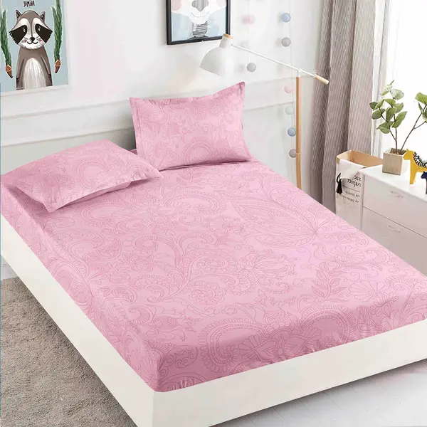 Cearsaf cu elastic, Bumbac FINET, 160/180x200cm, 2 fete de perne 50x70cm, Jojo Home, Roz, model floral