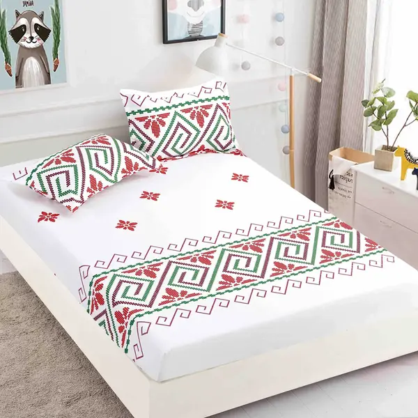 Cearsaf cu elastic, Bumbac FINET, 160/180x200cm, 2 fete de perne 50x70cm, Jojo Home, Alb-Rosu, model traditional