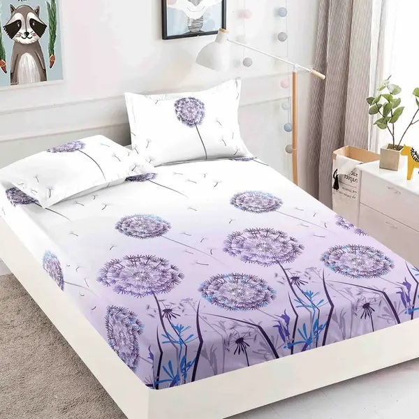Cearsaf cu elastic, Bumbac FINET, 160/180x200cm, 2 fete de perne 50x70cm, Jojo Home, Mov, papadii