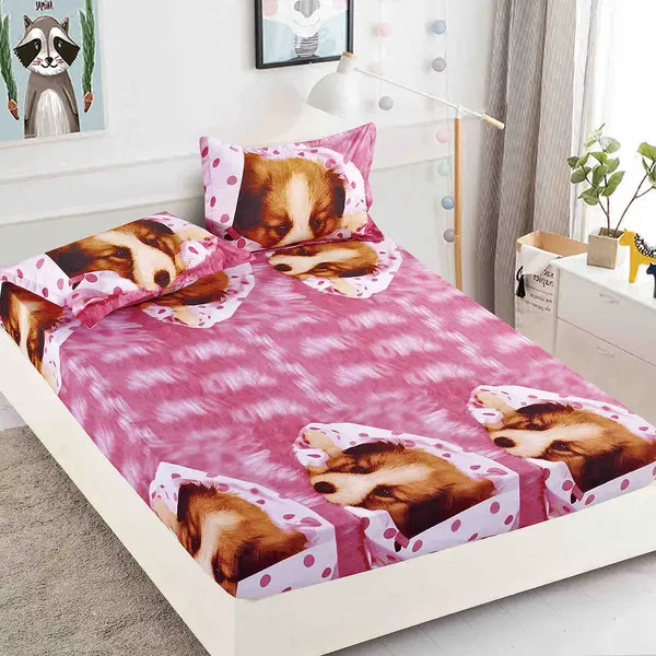 Cearsaf cu elastic, Bumbac FINET, 160/180x200cm, 2 fete de perne 50x70cm, Jojo Home, Roz-Maro, catelusi