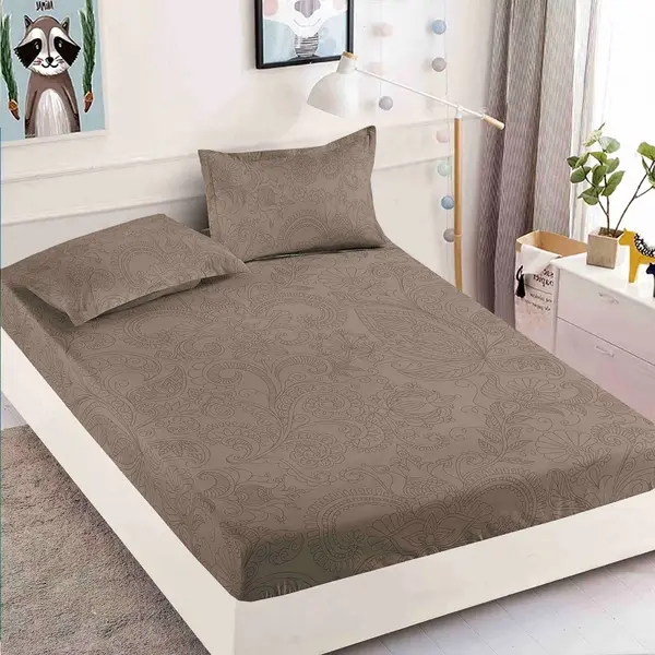 Cearsaf cu elastic, Bumbac FINET, 160/180x200cm, 2 fete de perne 50x70cm, Jojo Home, Maro, model floral