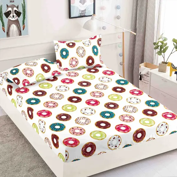 Cearsaf cu elastic, Bumbac FINET, 160/180x200cm, 2 fete de perne 50x70cm, Jojo Home, Alb, Multicolor, Gogosi