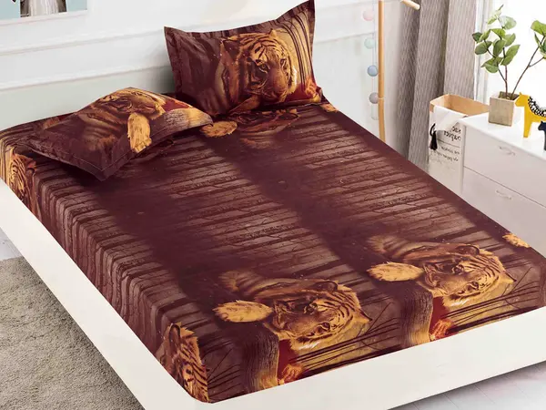 Cearsaf cu elastic, Bumbac FINET, 160/180x200cm, 2 fete de perne 50x70cm, Jojo Home, Maro, tigri