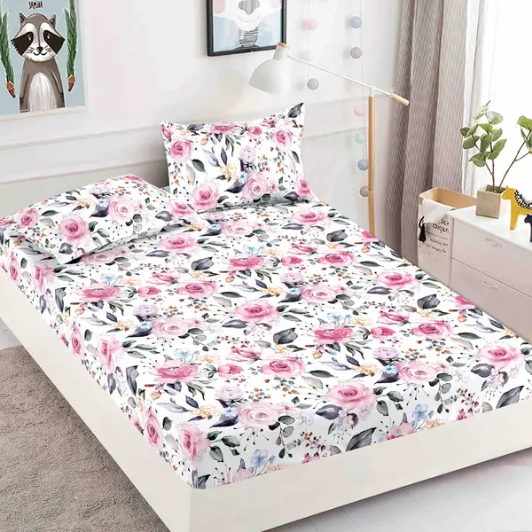 Cearsaf cu elastic, Bumbac FINET, 160/180x200cm, 2 fete de perne 50x70cm, Jojo Home, Alb, flori