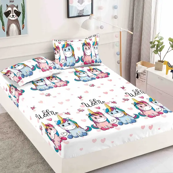 Cearsaf cu elastic, Bumbac FINET, 90x200cm, 2 fete de perne 50x70cm, Jojo Home, Alb, Unicorn