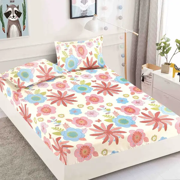 Cearsaf cu elastic, Bumbac FINET, 90x200cm, 2 fete de perne 50x70cm, Jojo Home, Crem, Flori Colorate