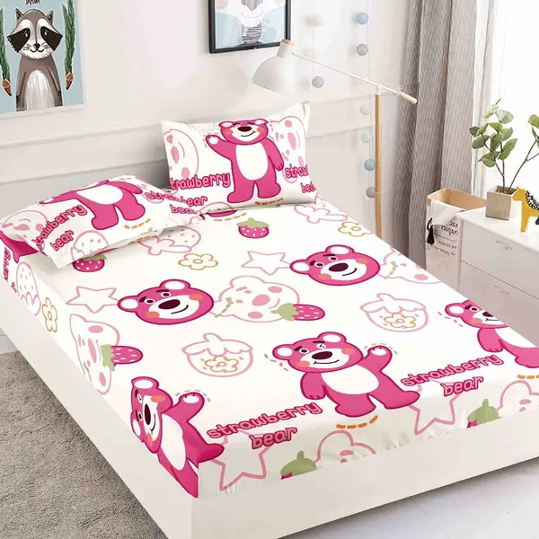 Cearsaf cu elastic, Bumbac FINET, 90x200cm, 2 fete de perne 50x70cm, Jojo Home, Crem, Roz, Ursuleti