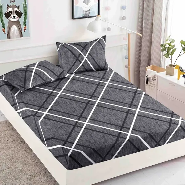 Cearsaf cu elastic, Bumbac FINET, 90x200cm, 2 fete de perne 50x70cm, Jojo Home, Gri, Dungi