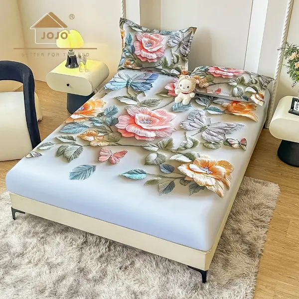Cearsaf cu elastic, Bumbac FINET, Imprimeu 5D Identic cu Poza, 160x200cm, 2 fete de perne 50x70cm, Jojo Home, Gri, Verzui, Flori Tricotate