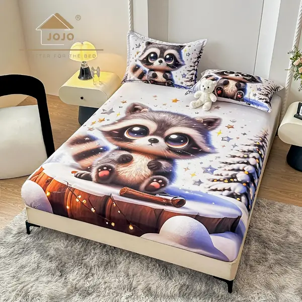 Cearsaf cu elastic, Bumbac FINET, Imprimeu 5D Identic cu Poza, 160x200cm, 2 fete de perne 50x70cm, Jojo Home, Alb, Raton