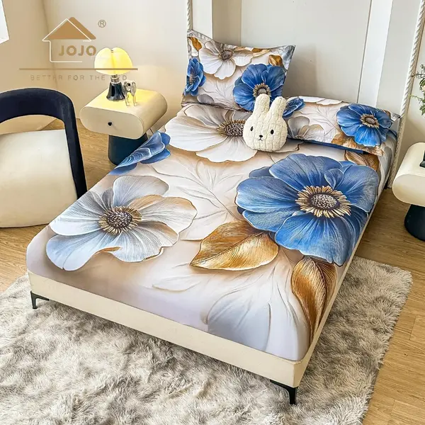 Cearsaf cu elastic, Bumbac FINET, Imprimeu 5D Identic cu Poza, 160x200cm, 2 fete de perne 50x70cm, Jojo Home, Albastru, Crem, Flori