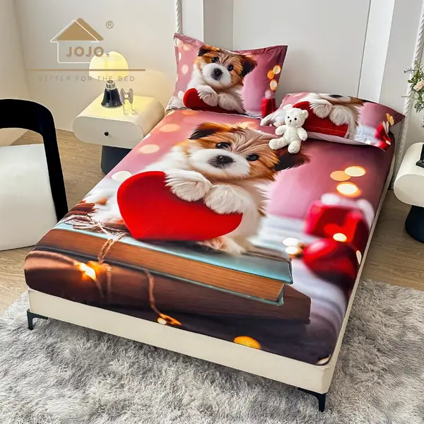 Cearsaf cu elastic, Bumbac FINET, Imprimeu 5D Identic cu Poza, 160x200cm, 2 fete de perne 50x70cm, Jojo Home, Multicolor, Catelus cu Inimioara