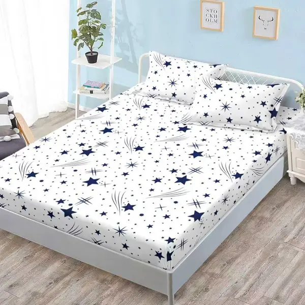 Cearsaf cu Elastic, Bumbac Satinat, 160x200 cm + 2 Fete de Perna 50x70 cm, Alb, stelute albastre