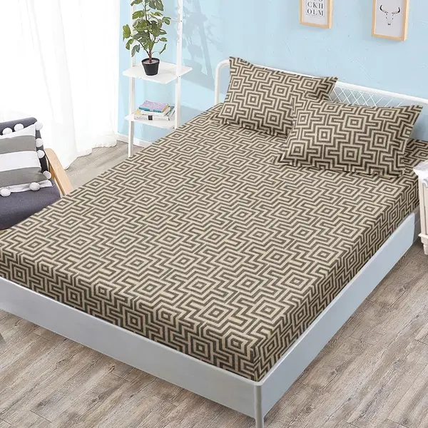 Cearsaf cu Elastic, Bumbac Satinat, 160x200 cm + 2 Fete de Perna 50x70 cm, Bej, abstract