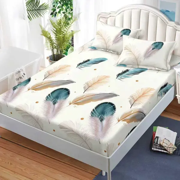 Cearsaf cu Elastic, Bumbac Satinat, 160x200 cm + 2 Fete de Perna 50x70 cm, Crem, pene colorate