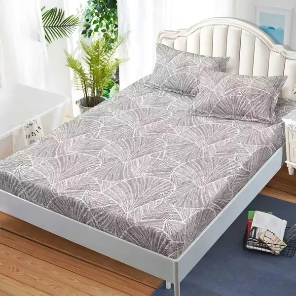Cearsaf cu Elastic, Bumbac Satinat, 160x200 cm + 2 Fete de Perna 50x70 cm, Bej, frunze