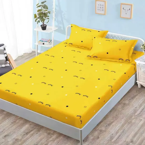 Cearsaf cu Elastic, Bumbac Satinat, 160x200 cm + 2 Fete de Perna 50x70 cm, Galben, gene