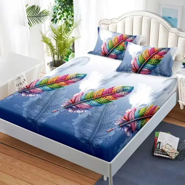 Cearsaf cu Elastic, Bumbac Satinat, 160x200 cm + 2 Fete de Perna 50x70 cm, Albastru, pene colorate