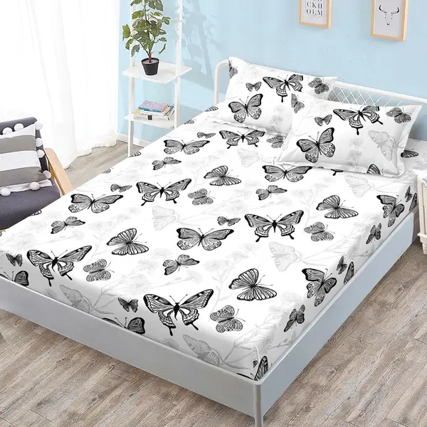 Cearsaf cu Elastic, Bumbac Satinat, 160x200 cm + 2 Fete de Perna 50x70 cm, Alb, fluturi