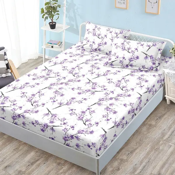 Cearsaf cu Elastic, Bumbac Satinat, 160x200 cm + 2 Fete de Perna 50x70 cm, Alb, floricele mov