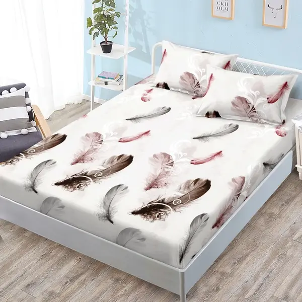 Cearsaf cu Elastic, Bumbac Satinat, 160x200 cm + 2 Fete de Perna 50x70 cm, Alb, pene