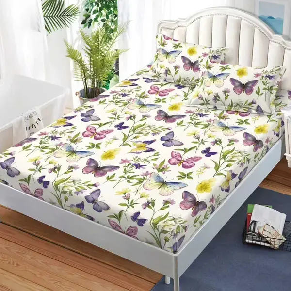 Cearsaf cu Elastic, Bumbac Satinat, 160x200 cm + 2 Fete de Perna 50x70 cm, Crem, fluturi colorati