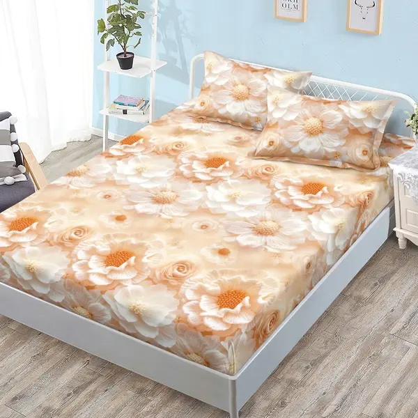 Cearsaf cu Elastic, Bumbac Satinat, 160x200 cm + 2 Fete de Perna 50x70 cm, Crem, flori