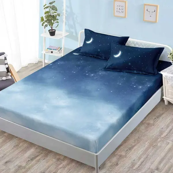Cearsaf cu Elastic, Bumbac Satinat, 160x200 cm + 2 Fete de Perna 50x70 cm, Albastru degrade, stelute