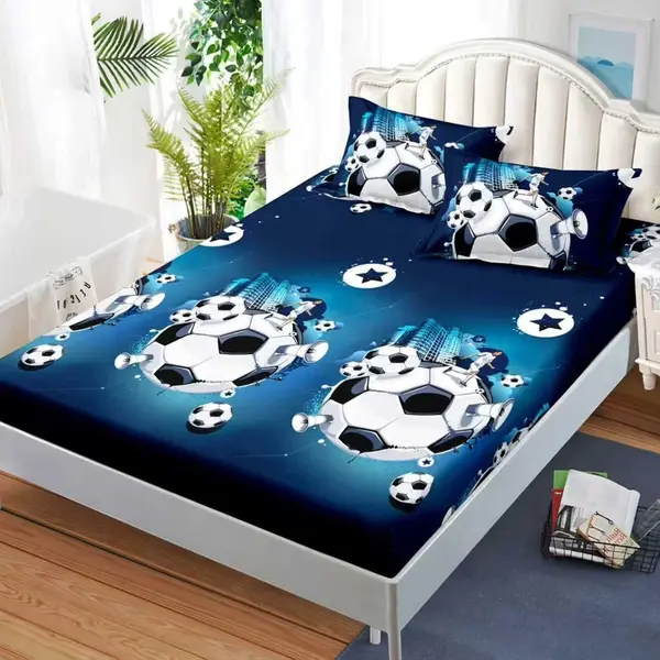 Cearsaf cu Elastic, Bumbac Satinat, 160x200 cm + 2 Fete de Perna 50x70 cm, Albastru, minge de fotbal
