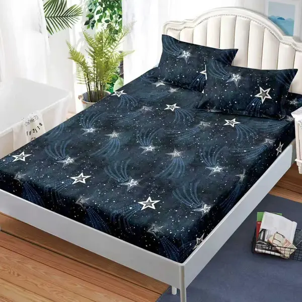 Cearsaf cu Elastic, Bumbac Satinat, 160x200 cm + 2 Fete de Perna 50x70 cm, Bleumarin, stelute
