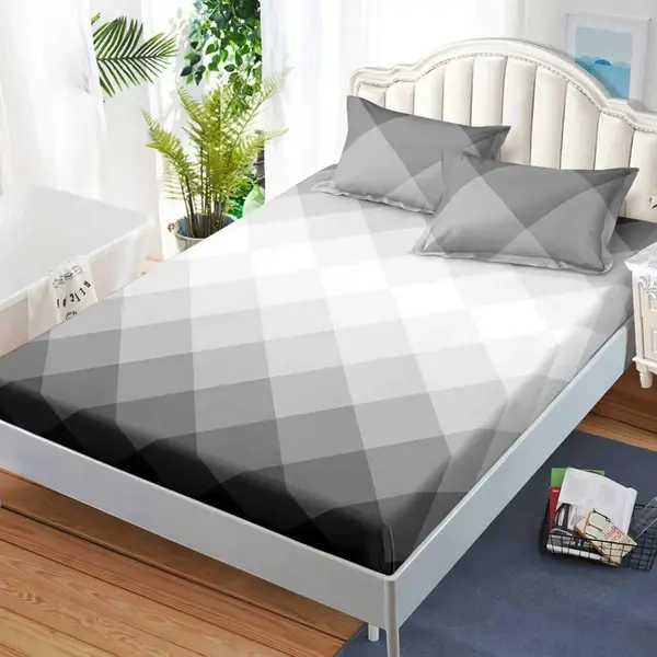 Cearsaf cu Elastic, Bumbac Satinat, 160x200 cm + 2 Fete de Perna 50x70 cm, Gri, romburi