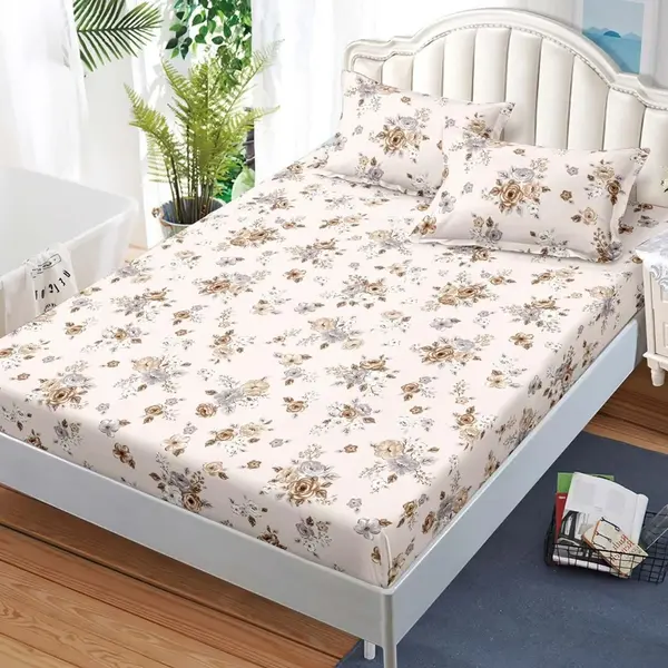 Cearsaf cu Elastic, Bumbac Satinat, 180x200 cm + 2 Fete de Perna 50x70 cm, Crem, flori
